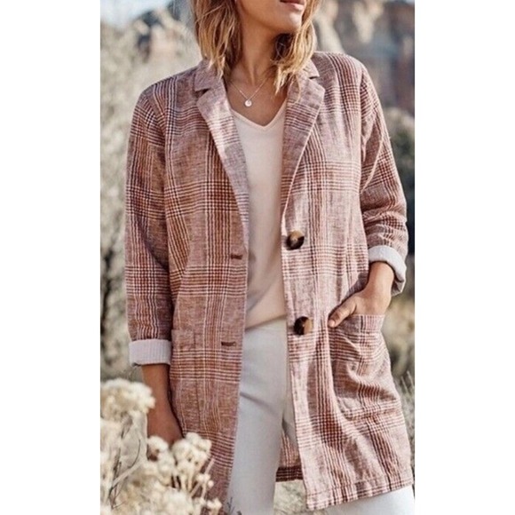 NWT J Jill Henna Plaid Linen Blend Boyfriend Blazer Size XL Relaxed Academia - Picture 1 of 10